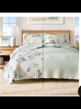 Reversible Queen Quilt Blue Green Fish Stripes Soft Nautical Beach Coastal Quilt